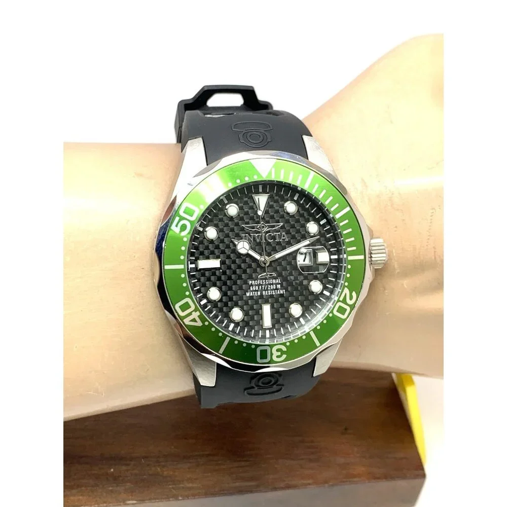 Invicta Men's Watch 12560 Pro Diver Quartz Black Dial Green Bezel Rubber Band